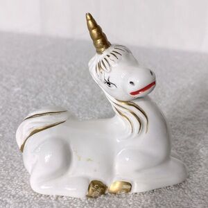 Vintage 1970s Ceramic Unicorn Figurine Hand Painted White Gold Horn Hooves